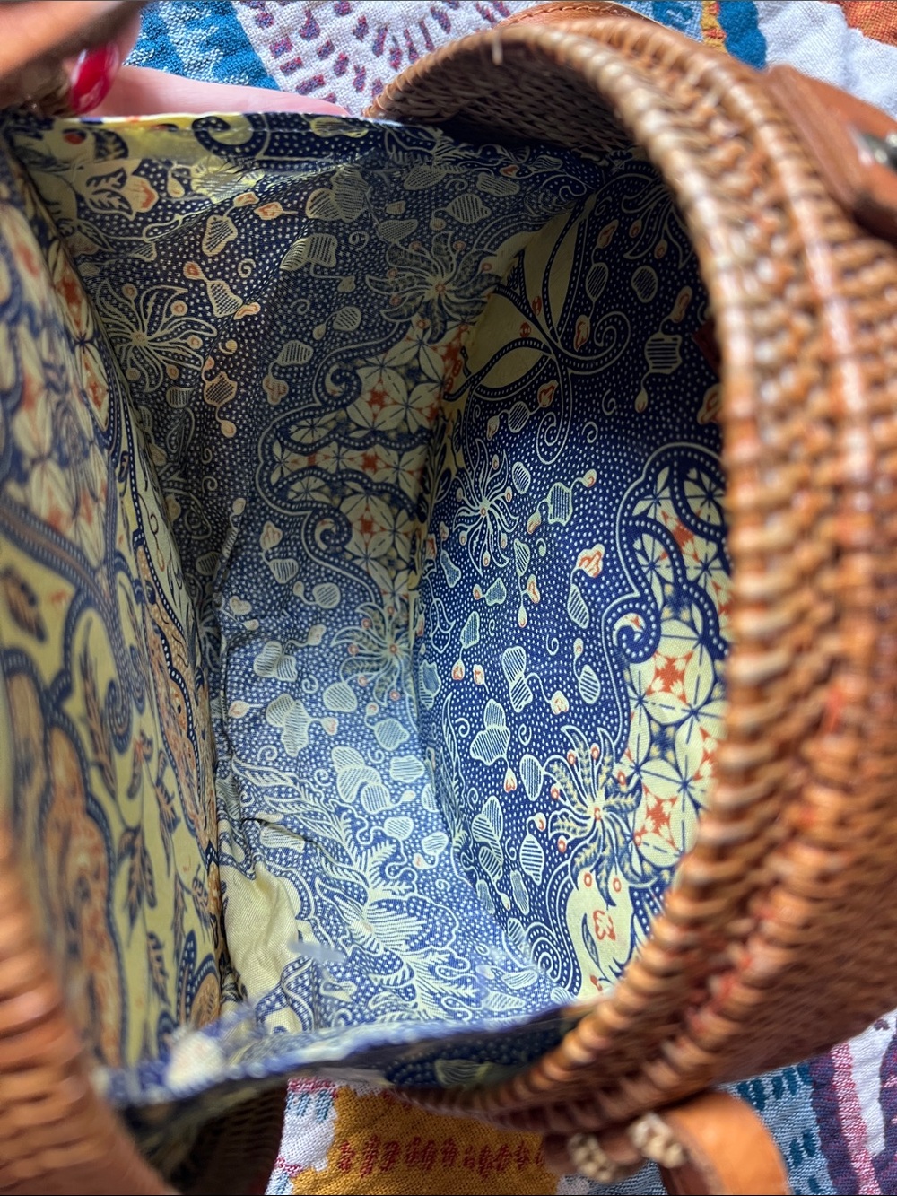 Amerii Rattan Round Woven Crossbody Bag in Tan with Leather Trim - Picture 7 of 11